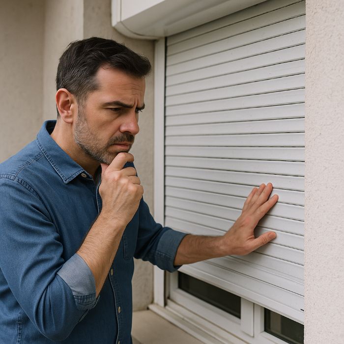Homme inspectant un volet roulant en panne