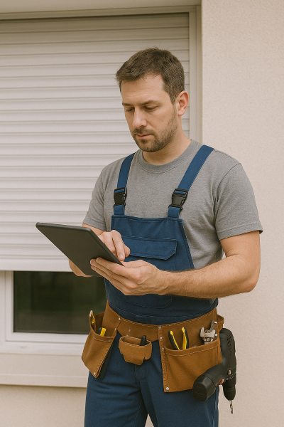 artisan à domicile avec outils et tablette pour devis